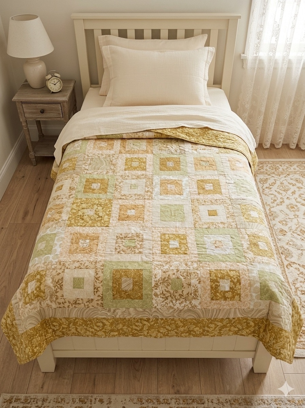 Classic Patchwork Quilt Bedspread - Cream, Gold & Green